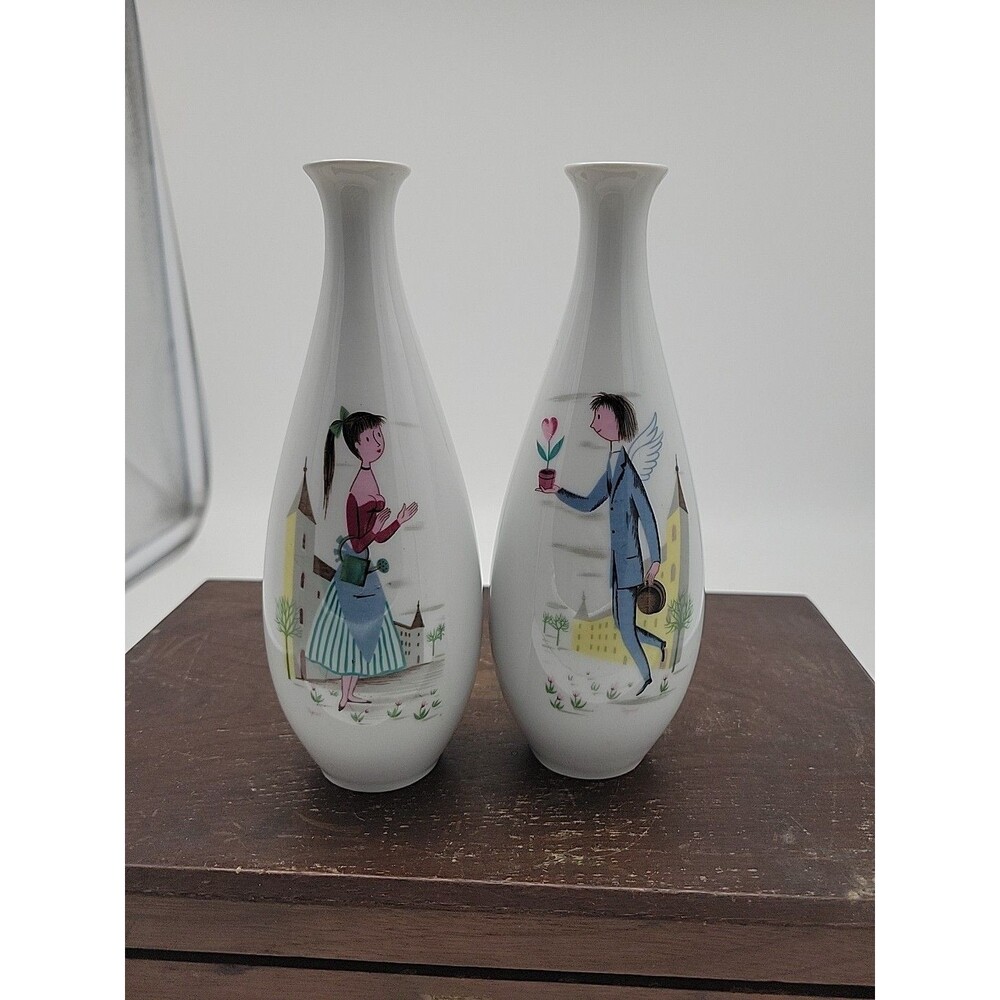 2 Vtg Rosenthal Kunstabteilung Selb Germany Peynet Lovers 50s Boy Girl Vase MCM